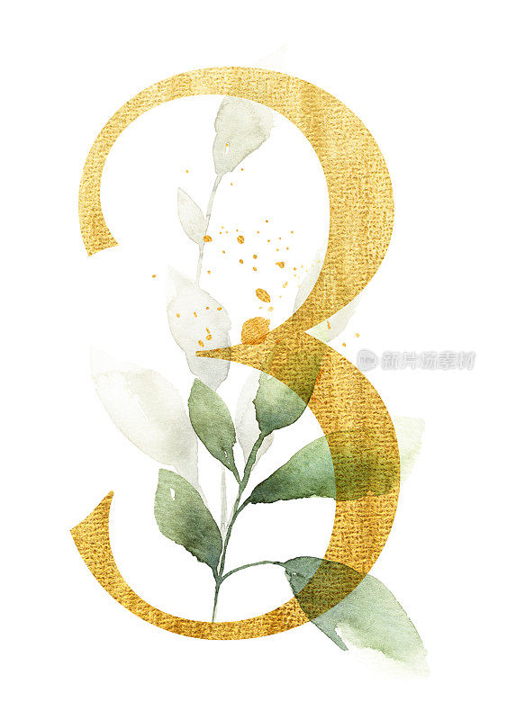金色3号，用水彩树叶装饰