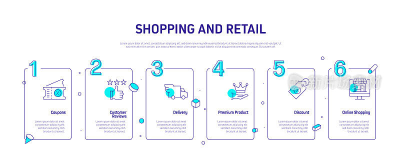 购物和零售相关流程信息图表模板。过程时间图。使用线性图标的工作流布局