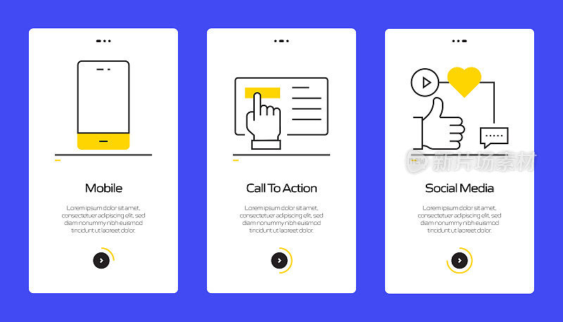 带有平面图标的移动应用页面屏幕用户体验，用户界面设计模板矢量插图