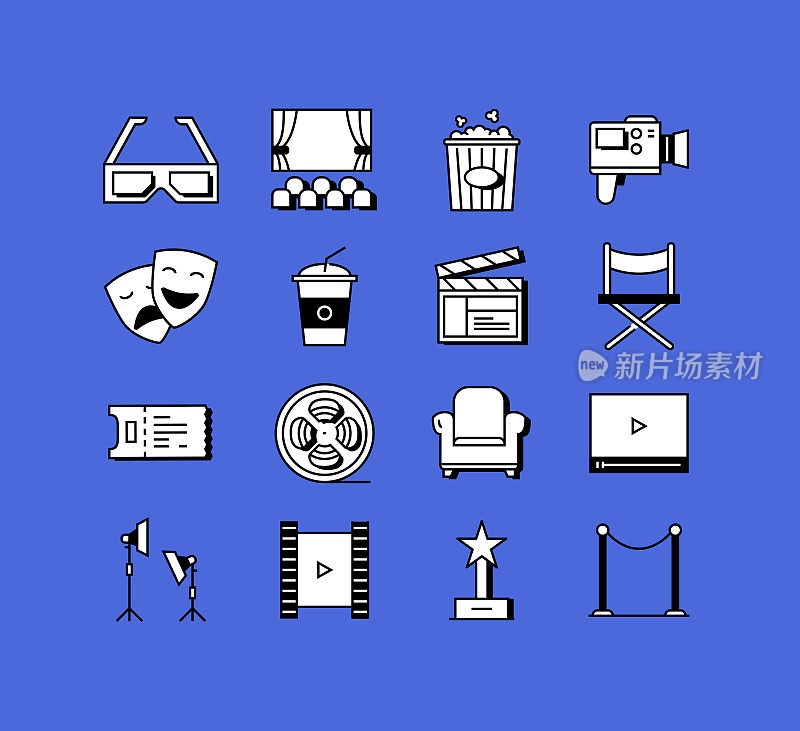 电影和电影相关的图标向量集合。现代风格符号矢量插图