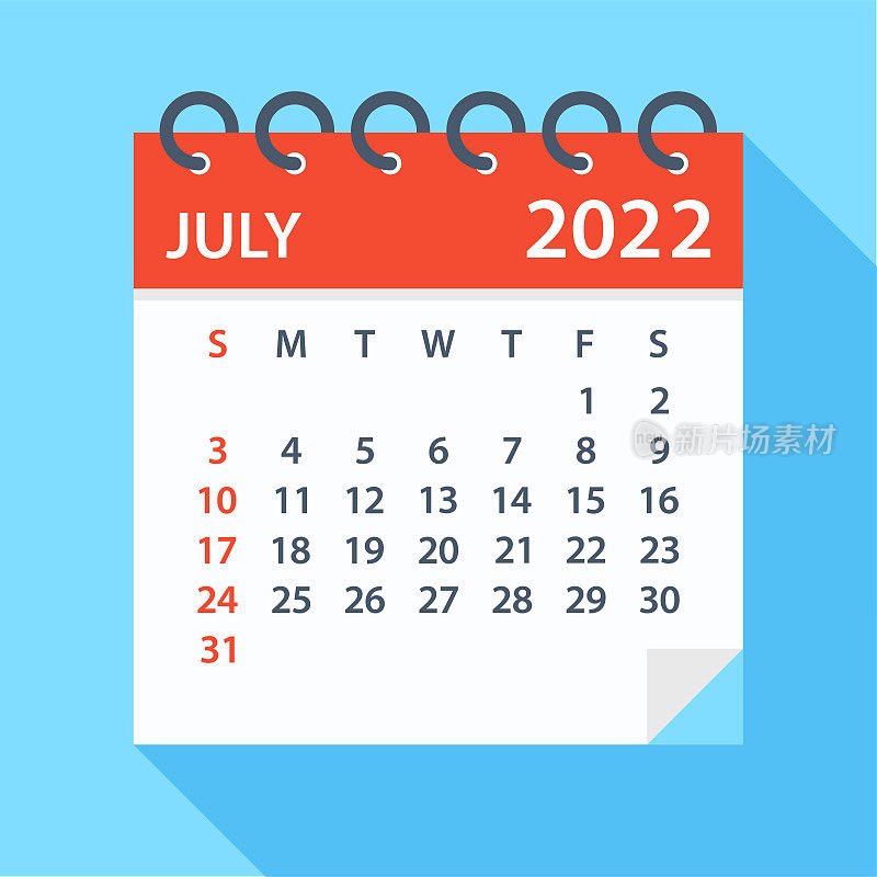 2022年7月――日历。一周从周日开始