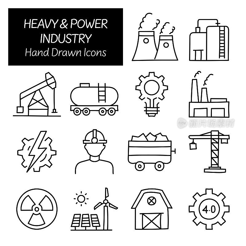重工业和电力行业相关手绘图标,涂鸦元素矢量插图