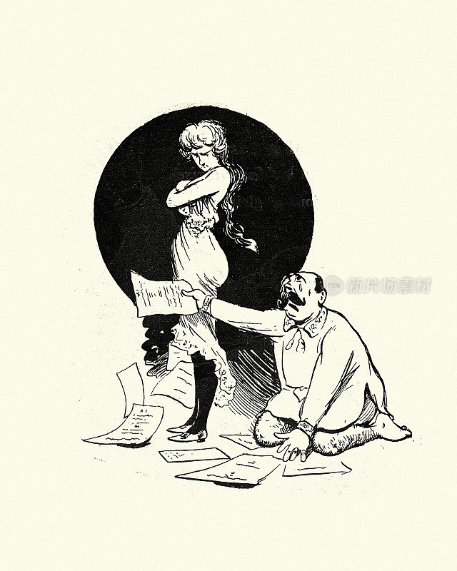 男人恳求愤怒的女人读他的信，法国，维多利亚，复古卡通插图