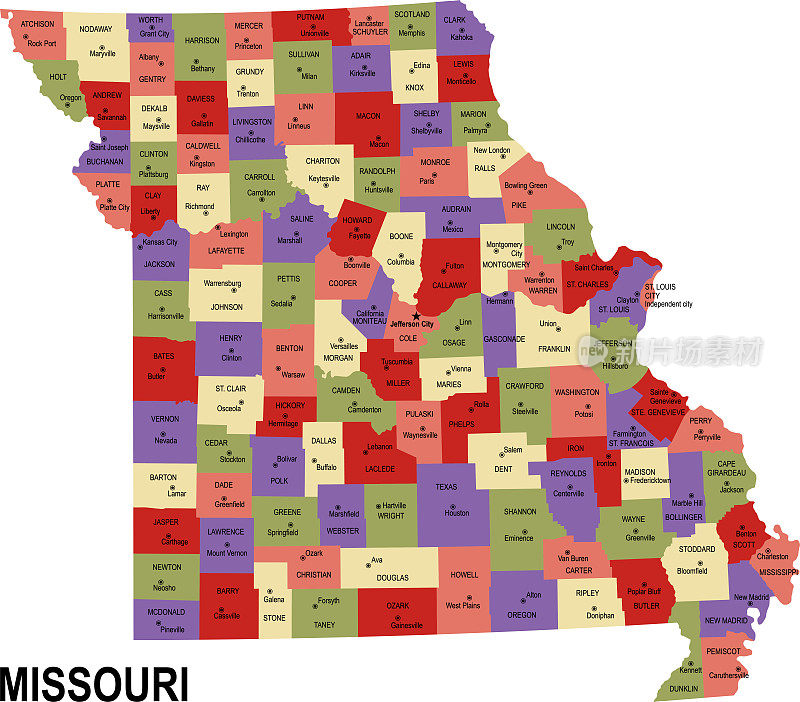彩色平面地图的州密苏里州与县美国