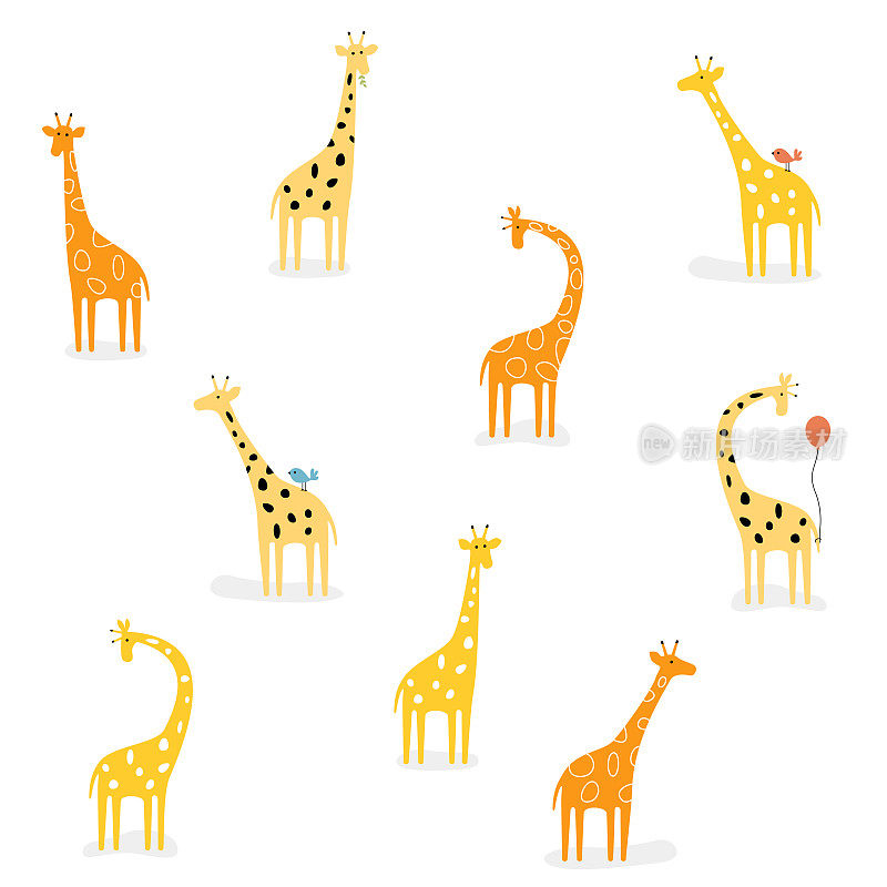 可爱的画长颈鹿矢量集。非洲橙色、黄色长颈鹿摆出各种姿势。