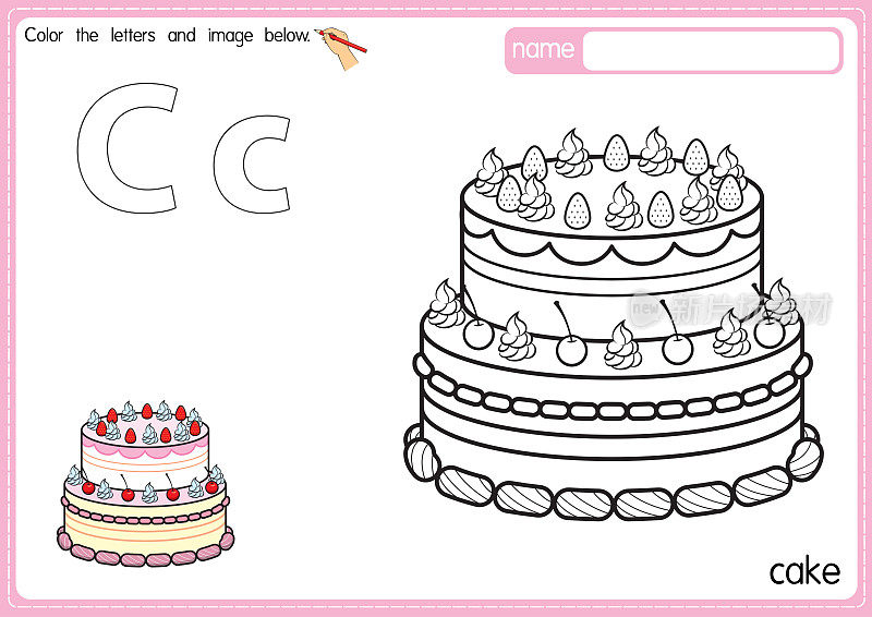 矢量插图的儿童字母着色书页与概述剪贴画，以颜色。字母C代表蛋糕。