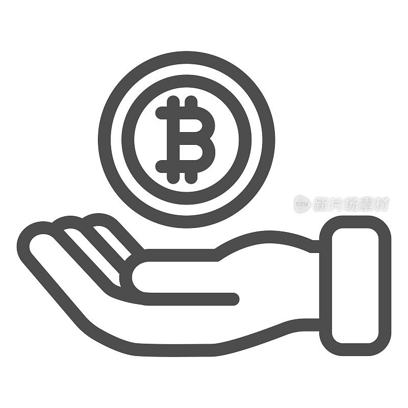 手掌心上的比特币图标，加密货币概念，BTC支持白色背景上的矢量符号，用于移动概念和网页设计的轮廓风格图标。矢量图形。