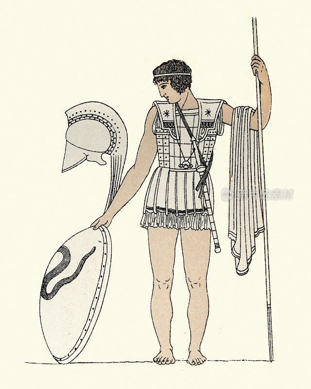 古希腊重装步兵战士，盾牌，头盔，盔甲