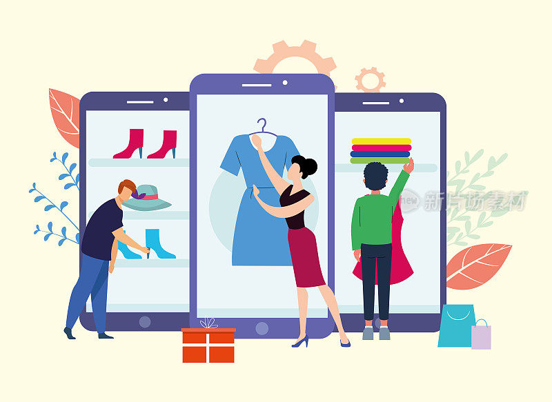 网上购物服务理念。向量插图的年轻男性和女性客户看三个大型智能手机应用程序。网上支付的订单概念。
