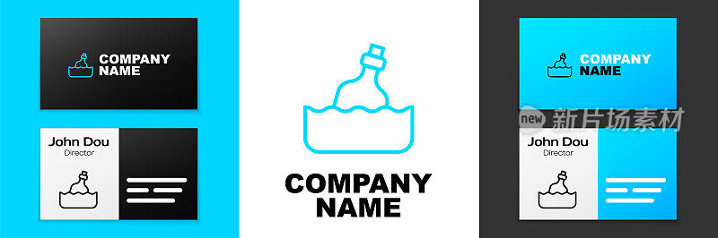 蓝线玻璃瓶与水图标孤立在白色背景上的信息。瓶子里的信。海盗的象征。Logo设计模板元素。向量