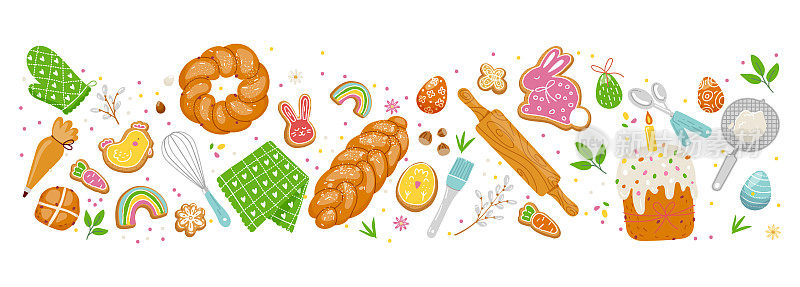 复活节糕点横幅与厨房用具，传统面包，蛋糕，彩绘鸡蛋