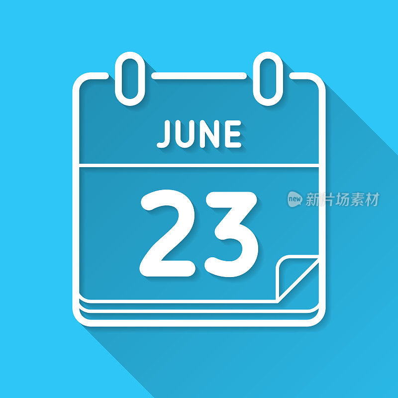 6月23日。图标在蓝色背景-平面设计与长阴影