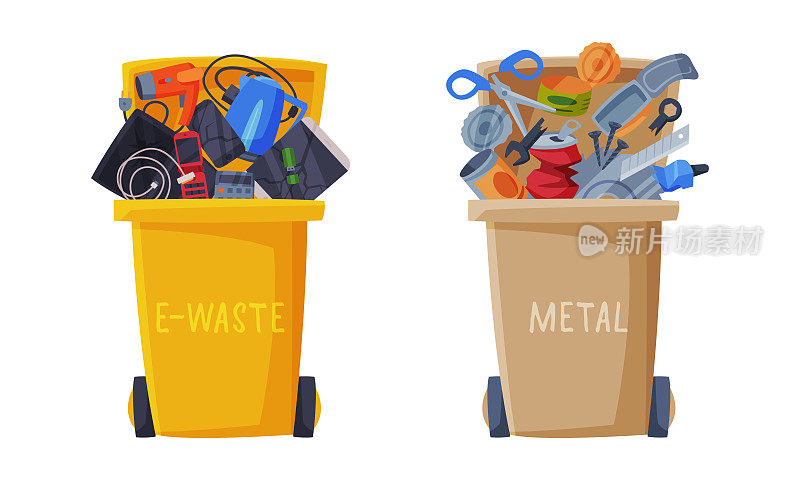 垃圾分类与垃圾桶装满回收垃圾向量集