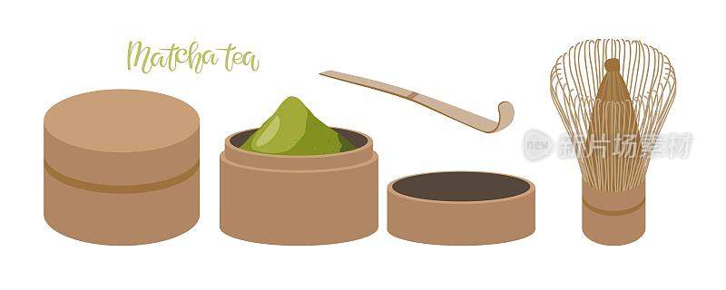 抹茶茶。封闭和开放的竹抹茶罐满抹茶绿茶粉，勺，抹茶刷制作传统的日本饮料。茶馆平面矢量插图，茶叶配方