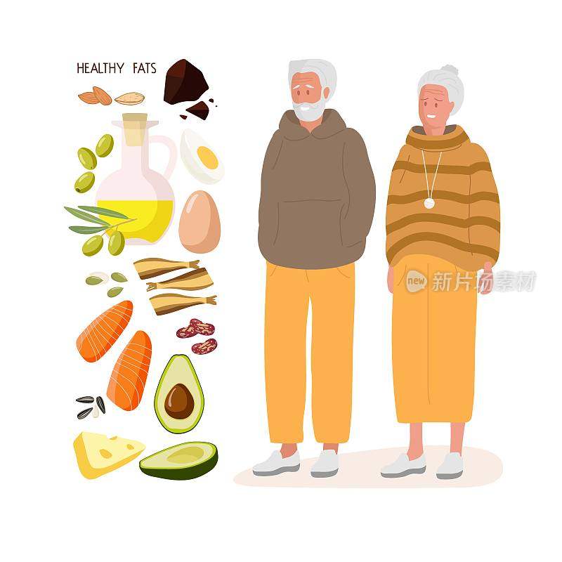 富含健康脂肪的食物。健康的老年生活方式。对大脑活动，心血管系统，皮肤有好处。男女高级，橄榄油，巧克力，坚果，水果和鱼。