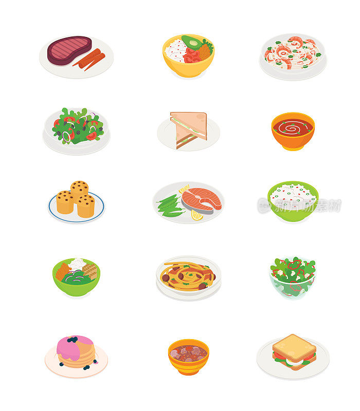 食物，餐，蔬菜，汤，肉，鱼，甜点，烹饪套装。平面设计中的等距矢量插图。