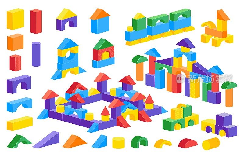 卡通城堡。五彩缤纷的小朋友构造玩具，塑料积木拼图游戏，建造汽车城堡。矢量圆柱圆锥立方体零件隔离集