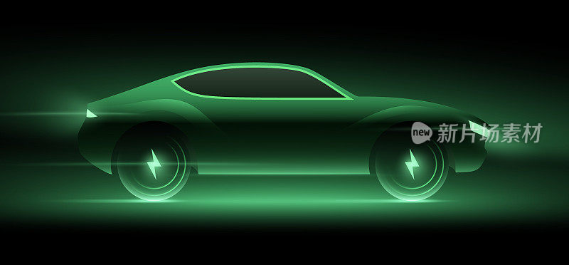 电动汽车概念矢量插图。绿色发光的汽车在黑夜中高速行驶