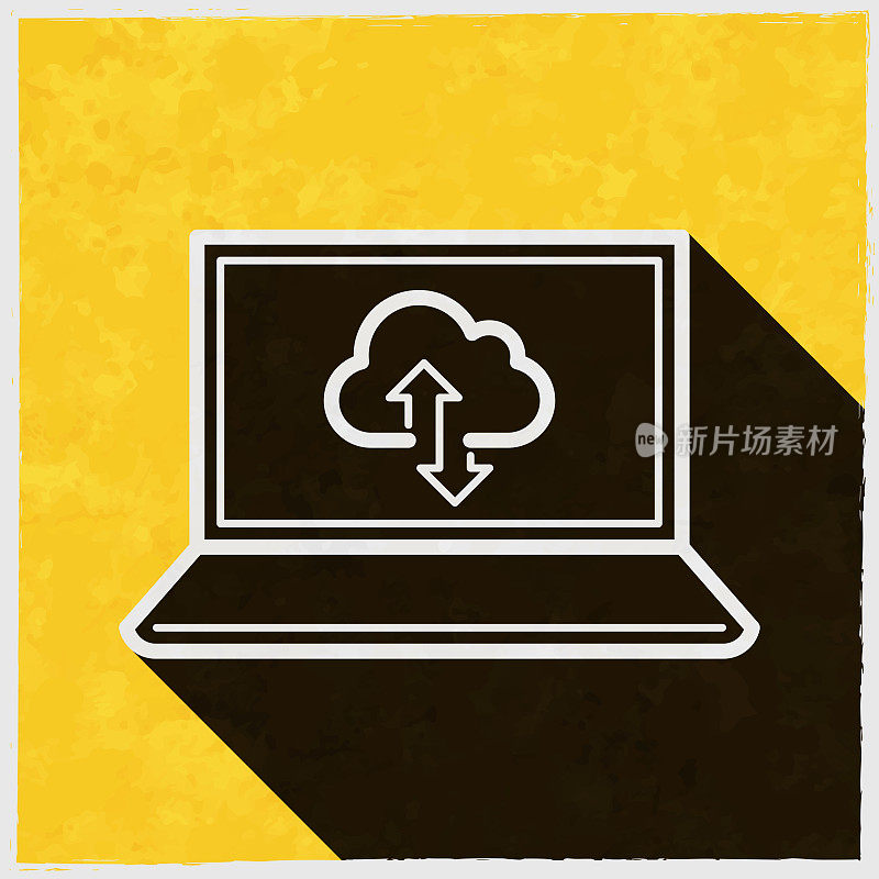 云下载和上传与笔记本电脑。图标与长阴影的纹理黄色背景