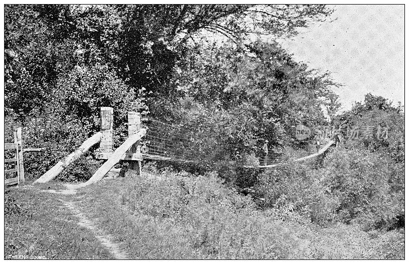 1898年，来自堪萨斯州劳伦斯的古董照片:Wakarusa上的吊桥