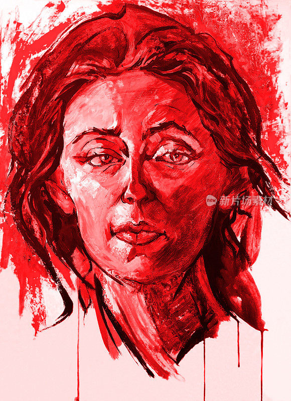 插图油画肖像的女人与长黑发在一个明亮的背景在红色的色调