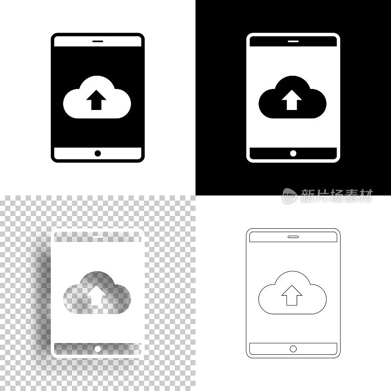 从平板电脑的云上传。图标设计。空白，白色和黑色背景-线图标