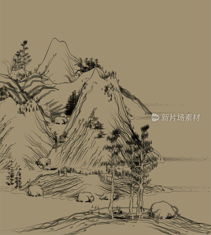 复古风格的中国传统山水画艺术插画，山树流水