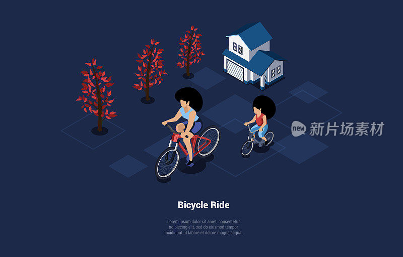 家庭时间的概念。角色一起骑自行车。人们花时间在一起，在城市里玩得很开心。母亲和女儿一起消遣。等距三维矢量插图