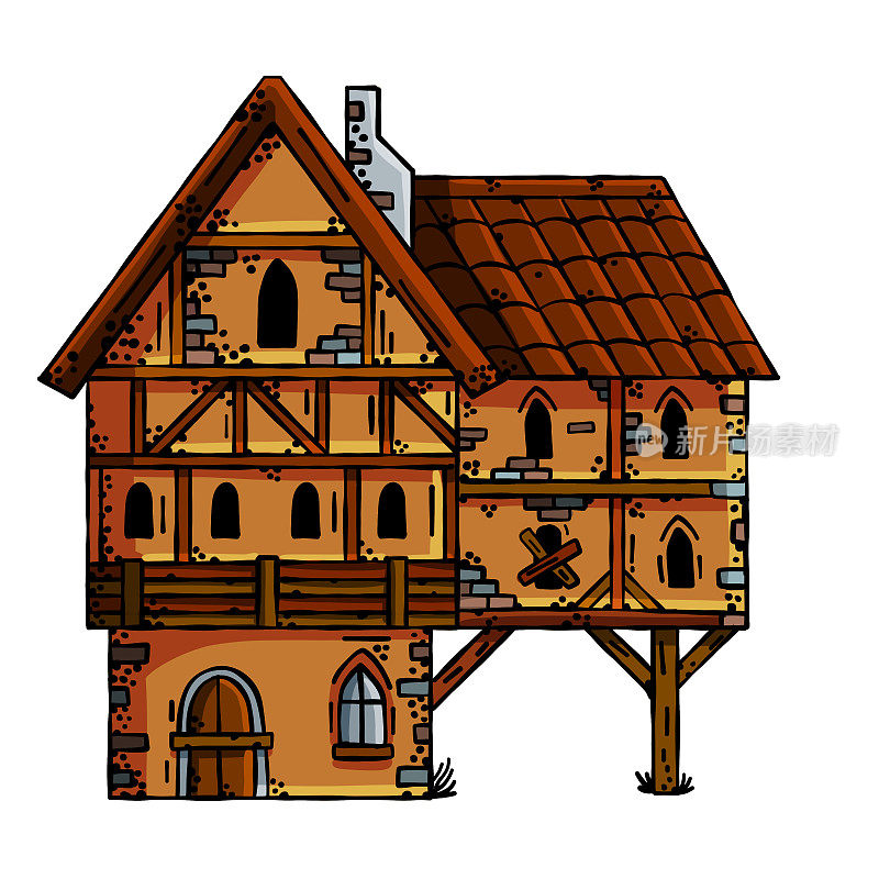 中世纪的房子。村庄建设。有烟囱的老房子。卡通复古的插图