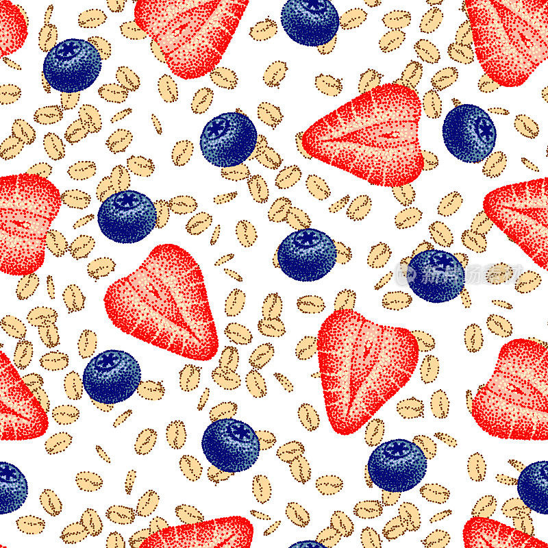 格兰诺拉麦片酸奶配上草莓，蓝莓，无缝图案。健康食品，燕麦片。燕麦牛奶什锦早餐。粥和水果。有营养的早餐。