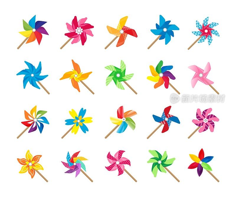 纸风车玩具。卡通风车纸彩色婴儿玩具旋转风能，可爱的针轮夏天玩具收集。矢量折纸风扇组