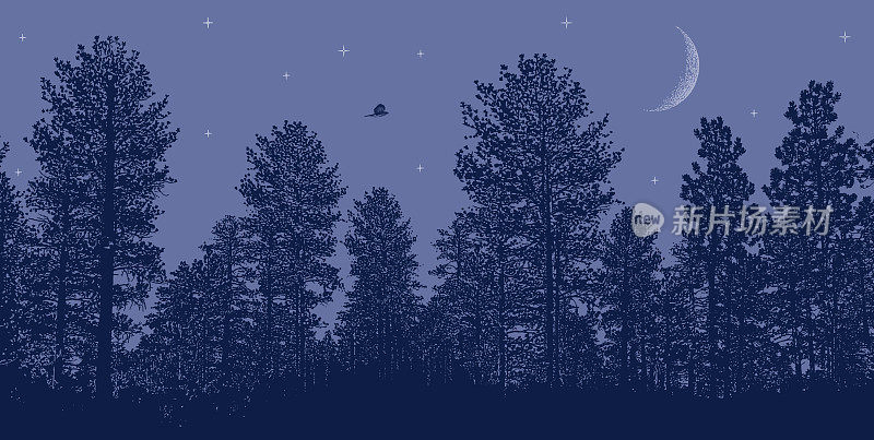 夜空松树，月亮和星星