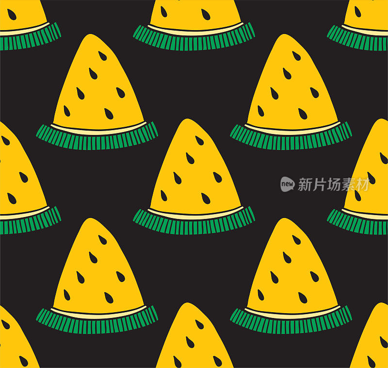 黄色的西瓜片，
创意无缝模式矢量插图。夏季设计与浆果和水果在黑色的背景。