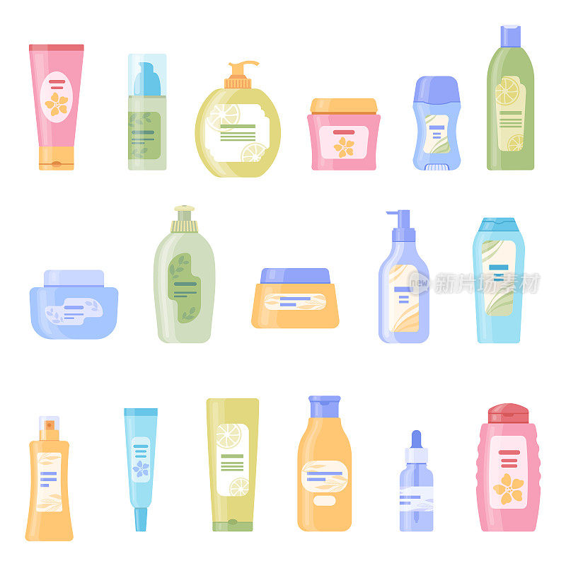 一组向量化妆品瓶和小瓶:洗发水，护发素，面霜，面具，除臭剂，血清，香脂，肥皂，止汗剂。各类化妆品包装。平面矢量插图的集合。