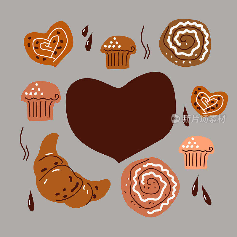 设置菜单烘焙甜品产品手绘草图手绘风格，纸杯蛋糕，牛角面包，面包，矢量元素菜单，横幅。