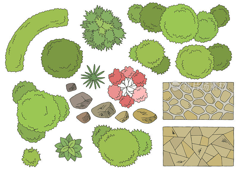景观设计师设计元素集图形色彩顶部草图鸟瞰图孤立插图向量