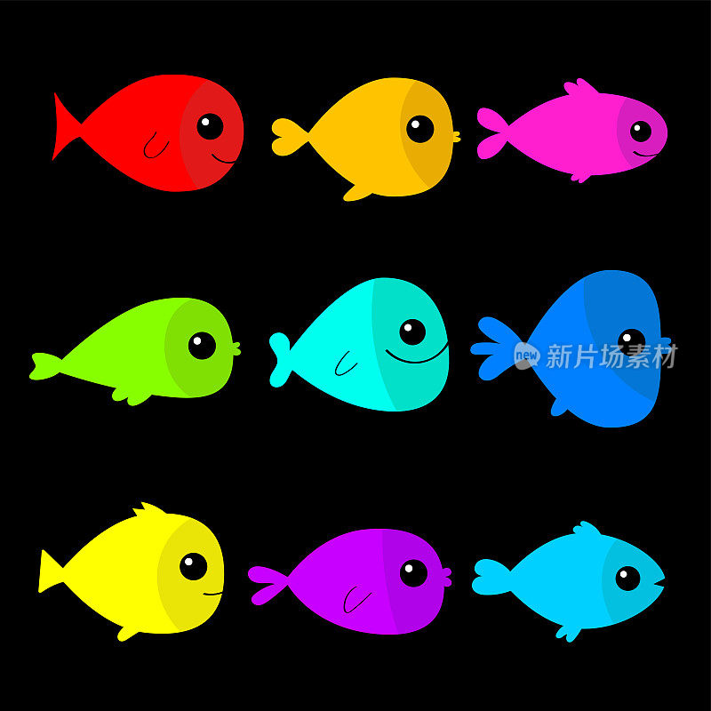 鱼图标集。可爱可爱的卡通搞笑宝宝角色。五颜六色的水族馆海洋动物。海洋生物。孩子们收集。黑色背景。孤立。平面设计。