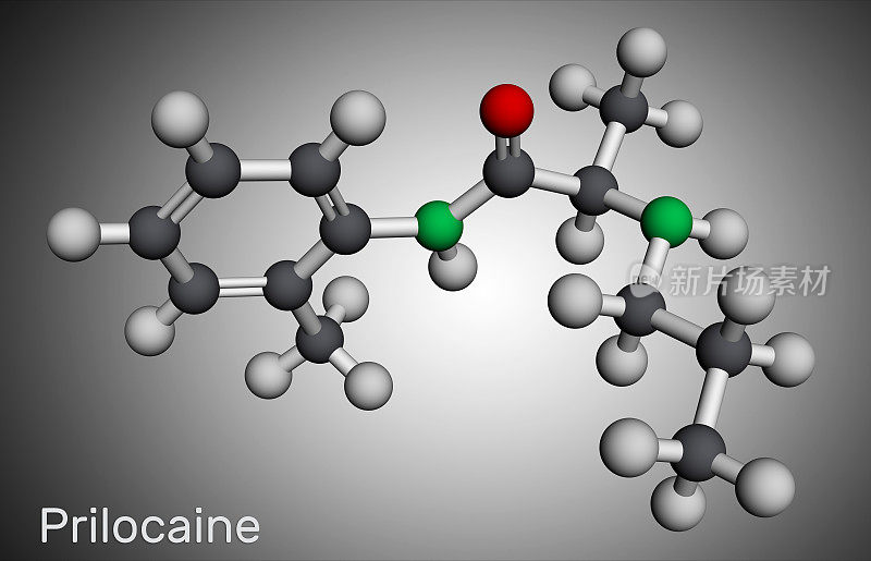 丙胺卡因分子。它是局部麻醉剂，用于牙科手术。分子模型。三维渲染