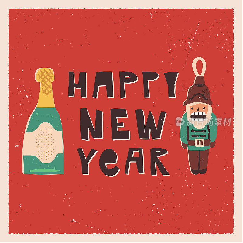 可爱的手绘新年贺卡设计。胡桃夹子，圣诞树上的小玩意，还有香槟。复古风格的玩具。矢量插图。