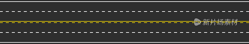 无缝四车道交通道路标志与虚线白虚线和黄色实虚线。水平直沥青路