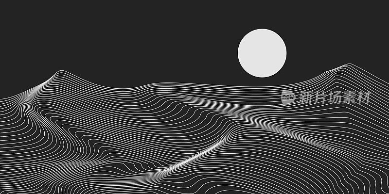 黑白线沙漠和月亮背景