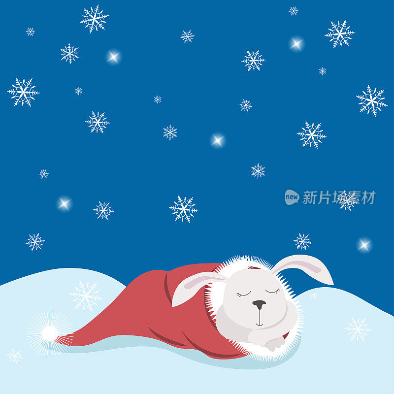 在雪花纷飞的雪地上，白兔戴着圣诞老人的帽子睡觉。