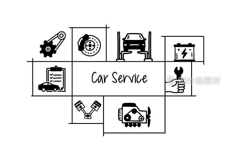 汽车服务相关的手绘横幅设计矢量插图