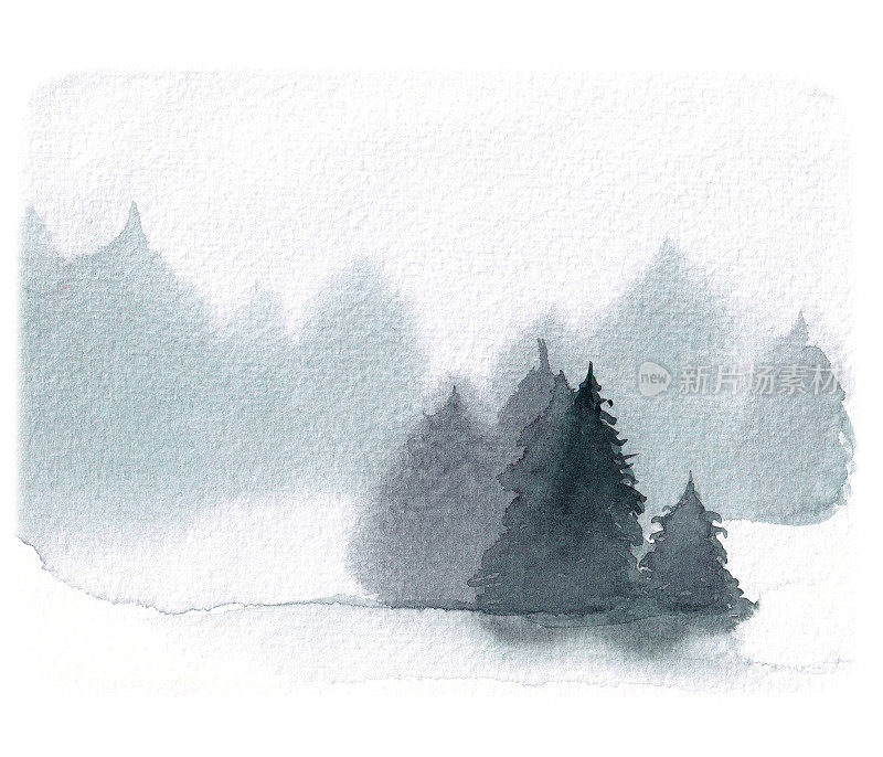 抽象的迷雾森林。水彩插图。