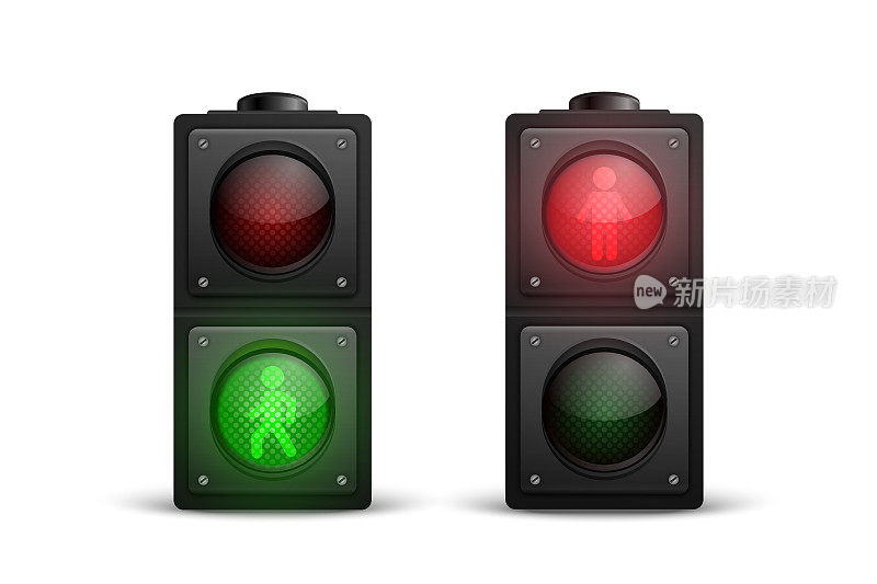 矢量3d逼真详细道路交通灯图标设置隔离。安全规则概念，设计模板。红绿灯，打开红绿灯和黄灯。行人交通灯
