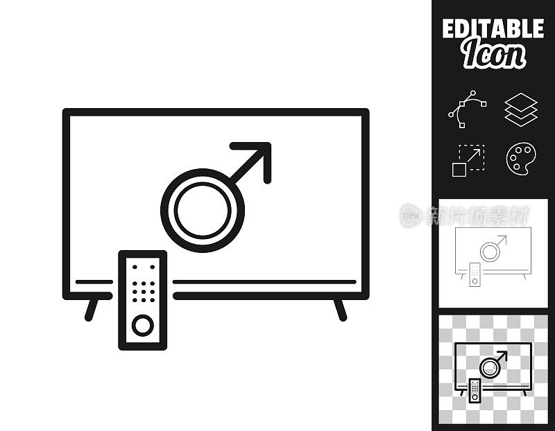带有男性符号的电视。图标设计。轻松地编辑