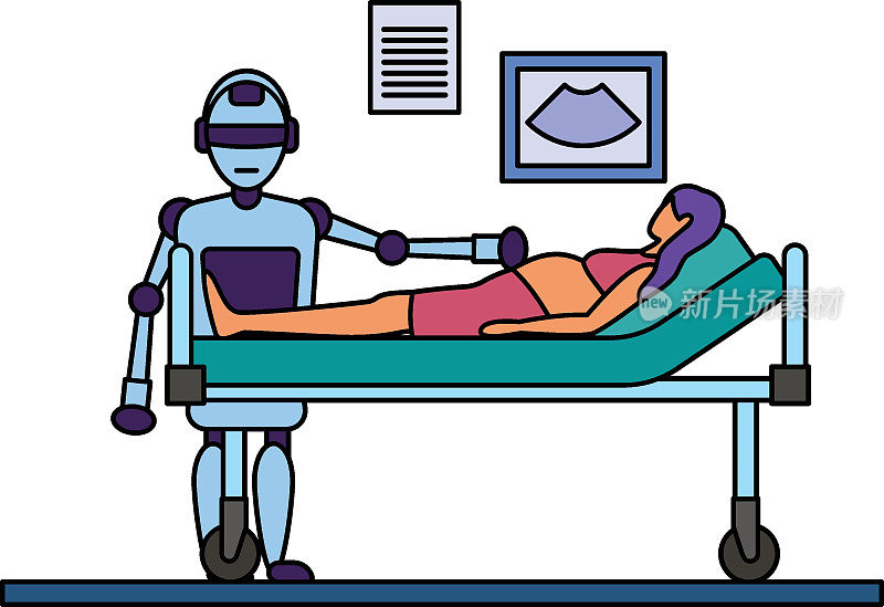 机器人超声扫描概念，妇产科医生矢量彩色图标设计，机器人医学符号，医疗保健场景标识，创新人工智能作品现代诊所库存
