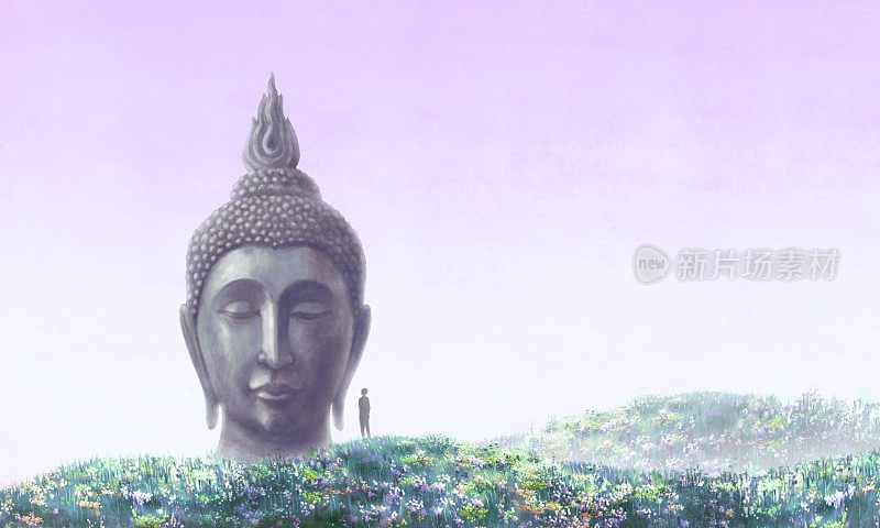 佛头在超现实的自然景观。宗教、精神、信仰、佛教的概念创意作品。超现实绘画3d插画，概念艺术作品