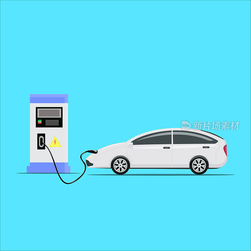 电动汽车汽车充电停放在充电站用插头电缆。在汽车的一侧给电池充电。平面设计矢量插图。
