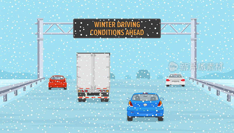 汽车通过高速公路上的警告led显示器。冬季行车条件。